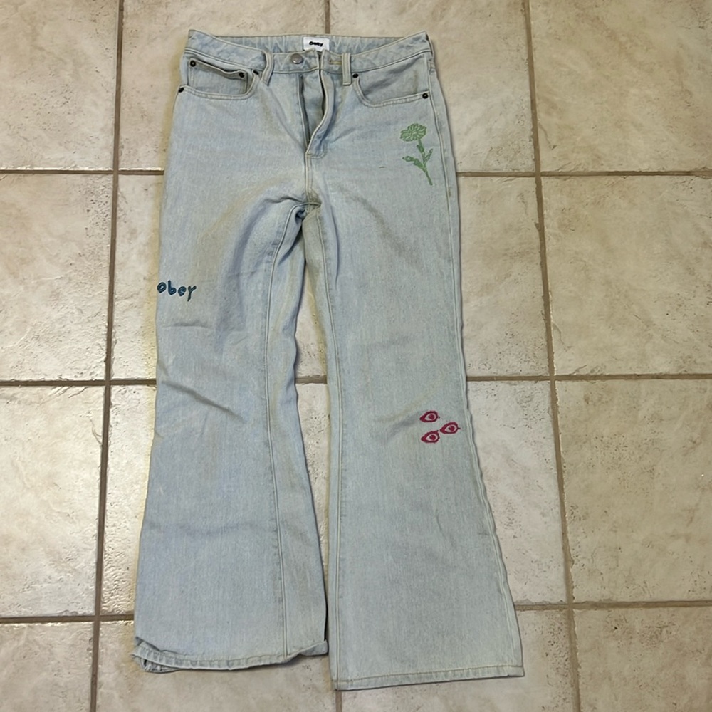 Light wash flare embroidered Obey jeans